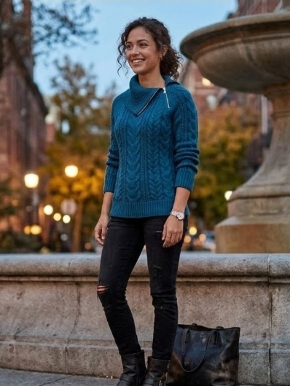 Calvin Klein Jeans Teal Asymmetrical Zip Cable Knit Sweater, Small